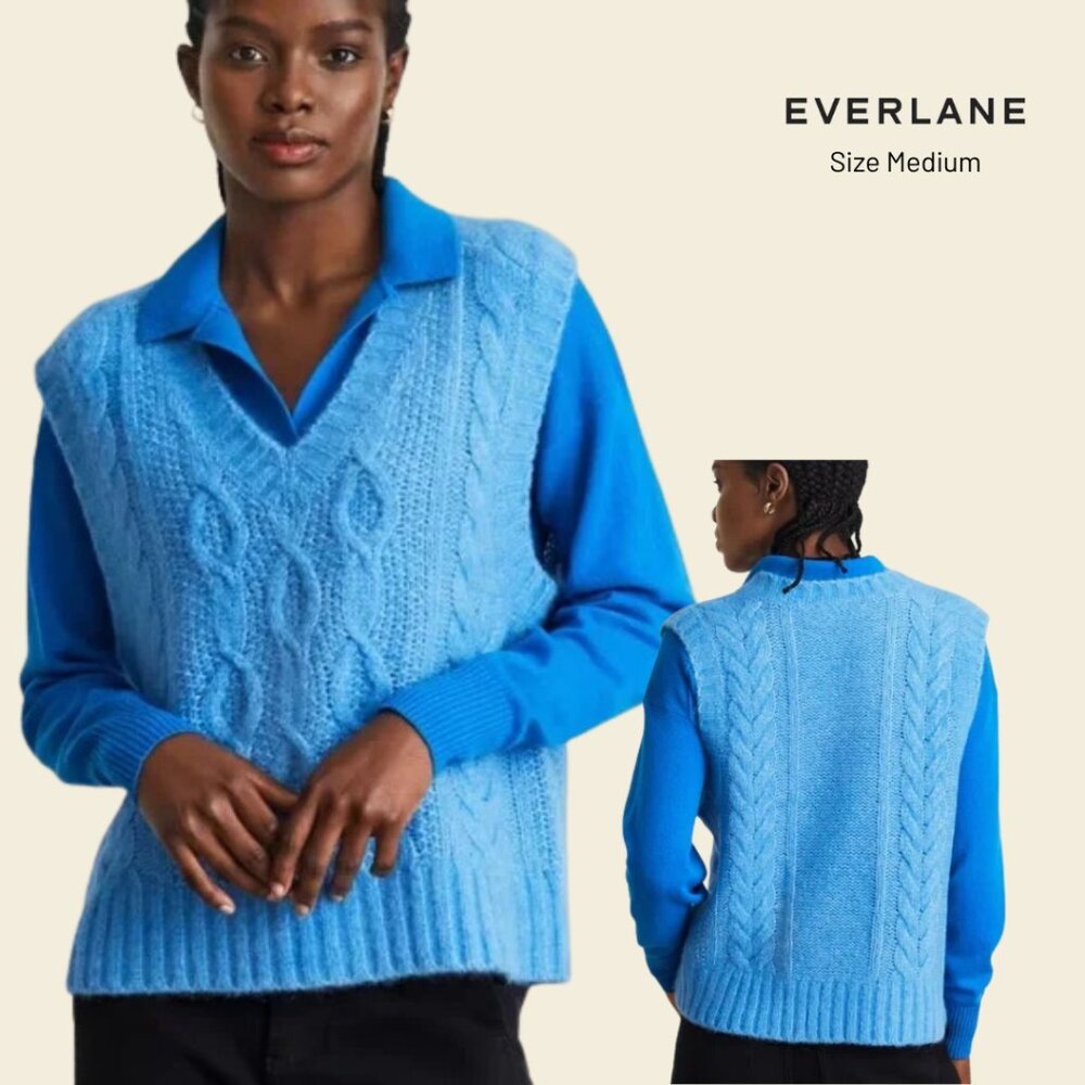 NWT Everlane Cloud Cable Knit Wool Alpaca Cotton Sweater Vest Lake Blue Medium